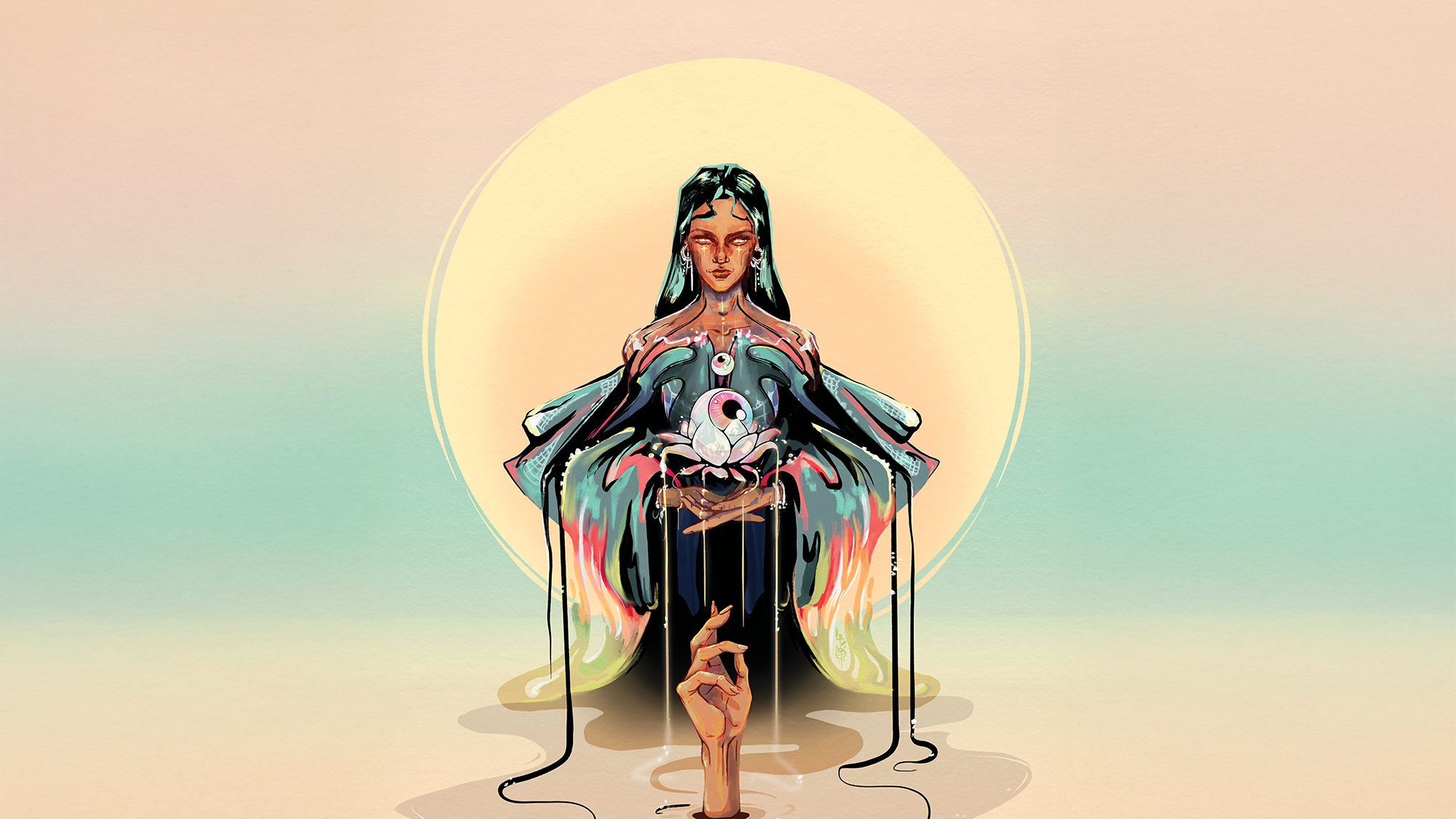 Artistic depiction of a figure with a colorful, abstract design on a gradient background